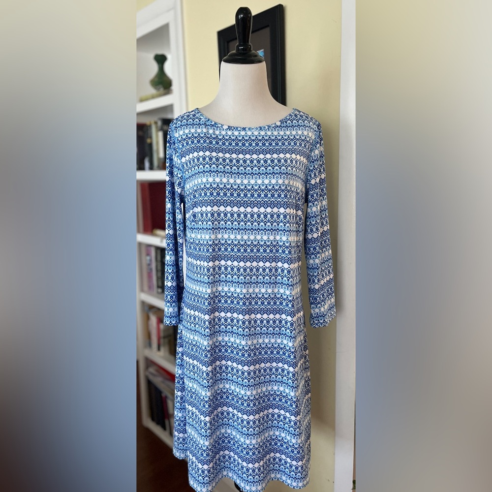 NWT Cabana Life SPF Dress Blue and White Patterned Stripes Jersey Stretch SZ M
